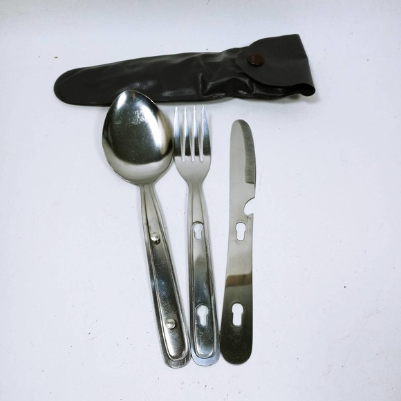 None Other Vintage Camping Fork Knife Spoon Connected Set Stainless